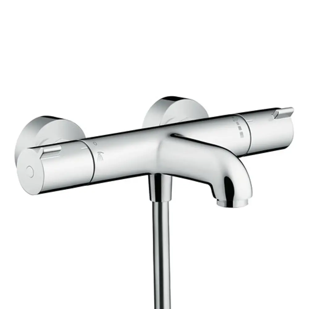 Chromfarbener Hansgrohe Thermostat mit zwei Reglern für Temperatur und Wasserfluss, montiert an der Wand, zur Steuerung der Badewannenarmatur.